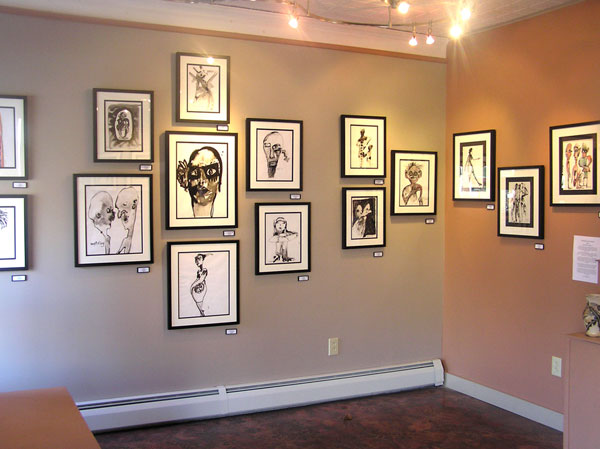 One corner of the Liza Myers gallery showing Fran Bull's fabulous ink drawings.