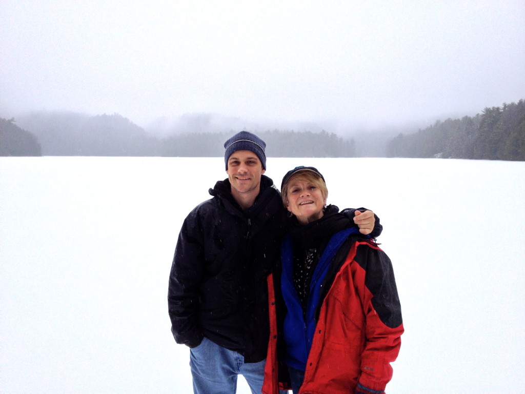 There was a snowy drizzle while we hiked. Here we are standing quite a ways out on the frozen lake. 