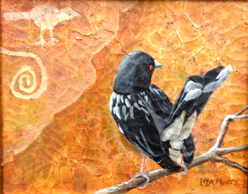 Towhee with Petroglyph original acrylic on canvas ©lizamyers                    9" x 12"           original available for sale $525 + shipping