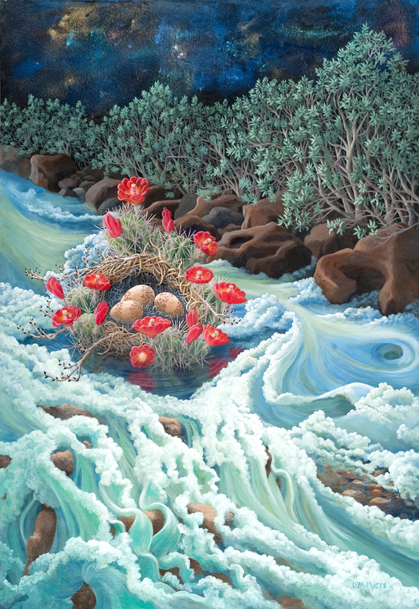 River Nest, acrylic on canvas 58" x 40"  This painting took a year to finish, but how many years have I spent studying the light on rocks and the curving flow of water?