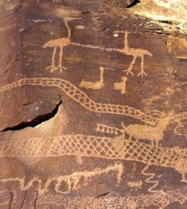 An Ancestral Puebloan A petroglyph of sandhill cranes... and rattlesnakes and goats.