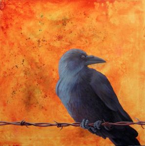 Raven on Barb Wire, acrylic on canvas, 24" x 24" 
